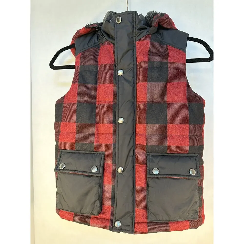 LANDS' END UNISEX READ PLAID VEST W/HOODY SHERPA LINED Size Small PERFECT!